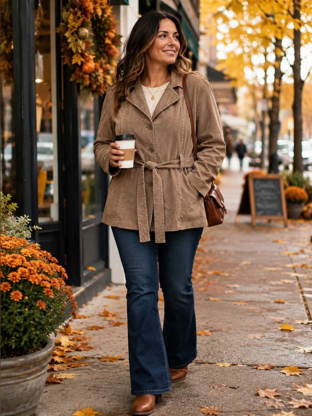 Outbrook Woman Tan Suede Leather Belted Jacket Plus Size 2X Whipstitch Fall